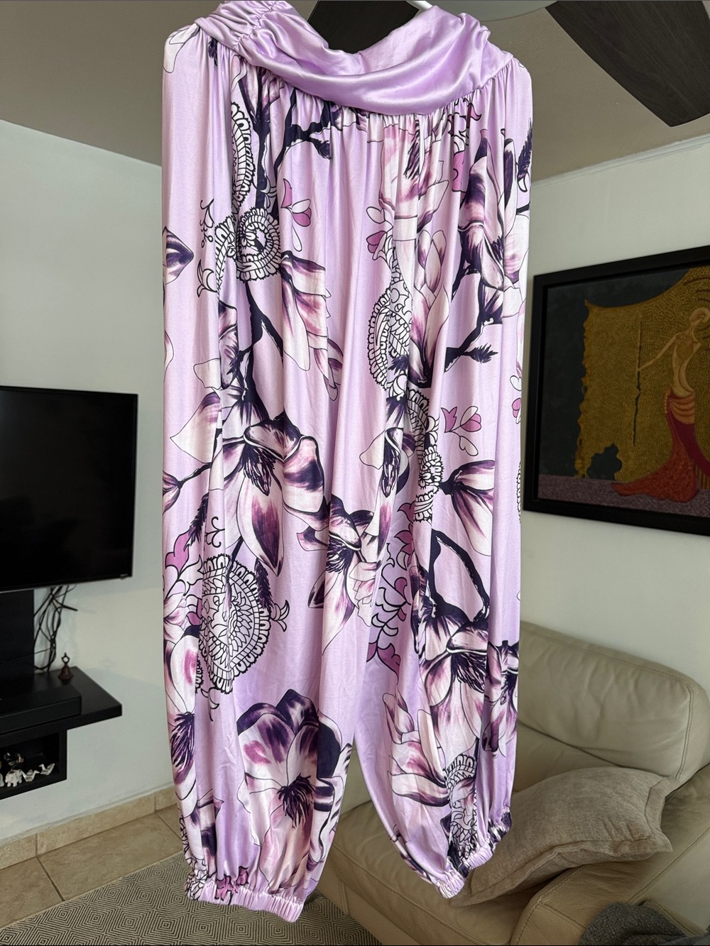Lilac Floral Satin Lounge Romper - Women’s Sleepwear - Picture 1 of 3